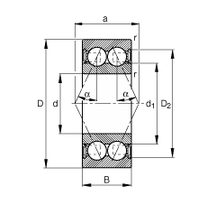 角接觸球軸承 3804-B-2RSR-TVH, 雙列，雙側唇密封，接觸角 α = 25°